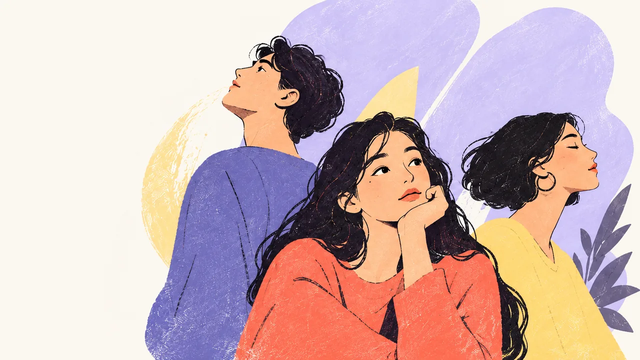 三位正在思考和感受当下状态的人物手绘插画